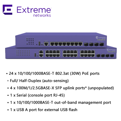 Switch AVB X435 Extreme Networks X435 de 24P, 4S, 68 Gbps, 50.6 Mpps, nuevo y original
