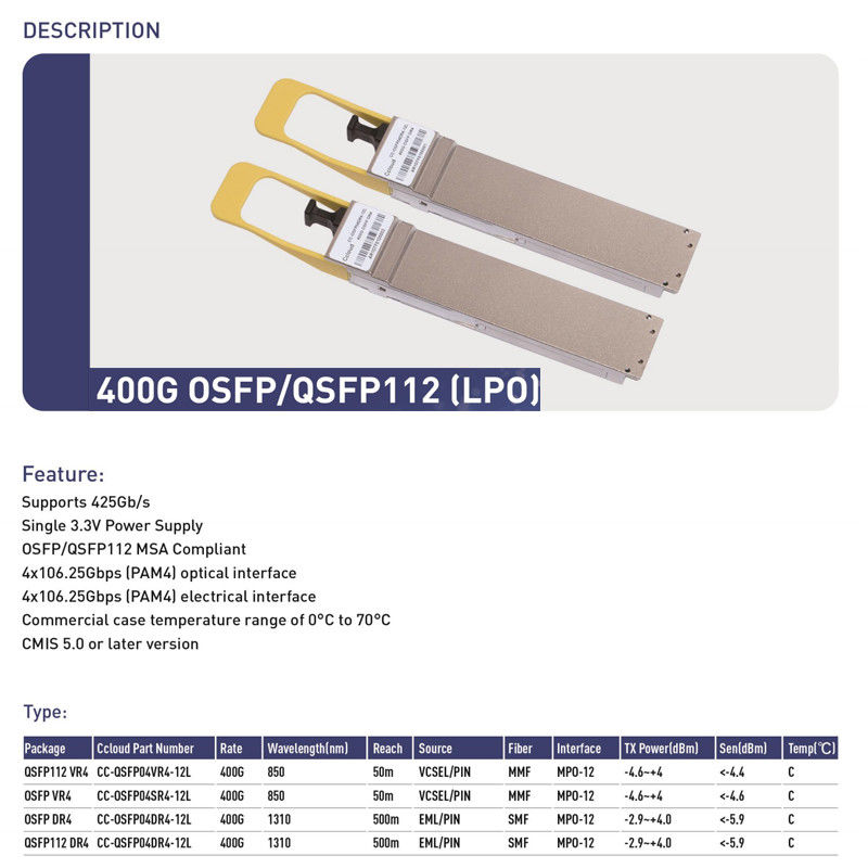 400G QSFP112 SR4 Transceptor de fibra óptica multimodo de enchufe caliente 100m Interconexión para centros de datos e interconexiones ópticas
