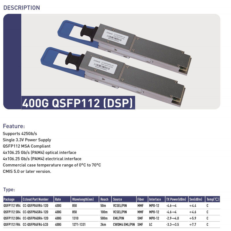 Solución de conexión de red Ethernet Transceptor óptico 400G QSFP112 DR4 para transmisión de fibra de un solo modo hasta 500 m