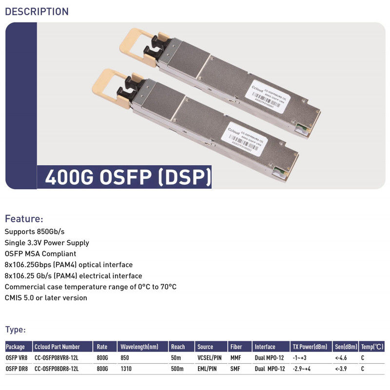 Ancho de banda 400G Ethernet Network OSFP SR4 Módulo transceptor de fibra multimodo con funciones de diagnóstico digital de enchufe caliente