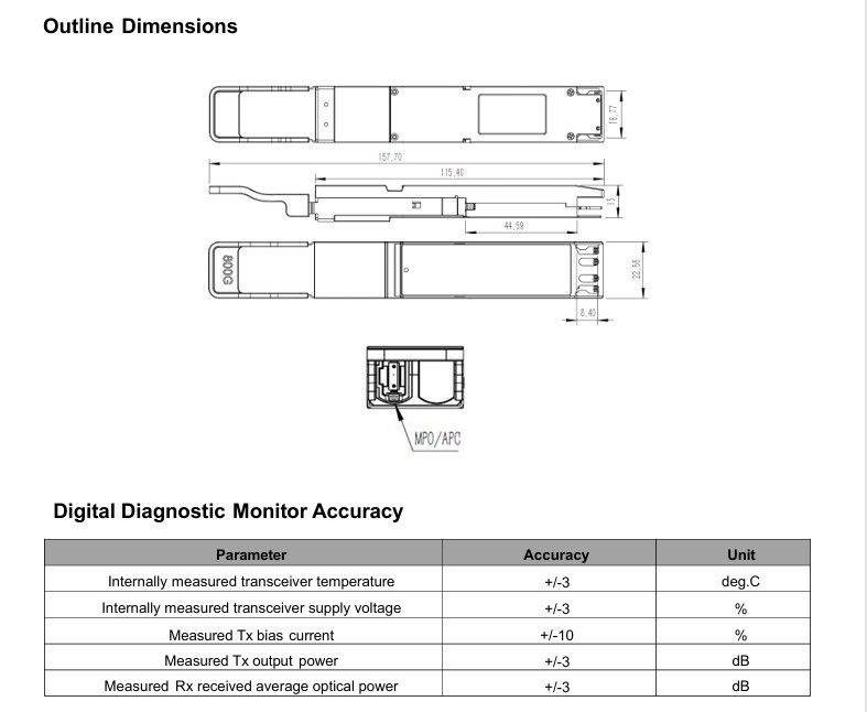 Ancho de banda 400G Ethernet Network OSFP SR4 Módulo transceptor de fibra multimodo con funciones de diagnóstico digital de enchufe caliente