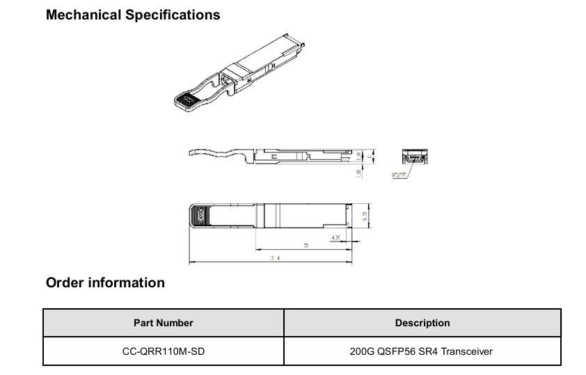 200G-SR4 Transceptor óptico multimodo 200G Diseño enchufable en caliente 1 Max 4W Potencia Min recibida Compatible con OM3/OM4