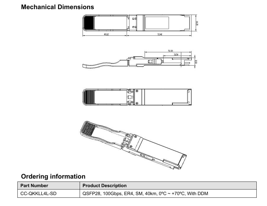 Fuente de alimentación de 3.3V única 100GBase QSFP28 ER4 40KM Equipo de fibra óptica módulo de transceptor óptico LC dúplex para sus requisitos