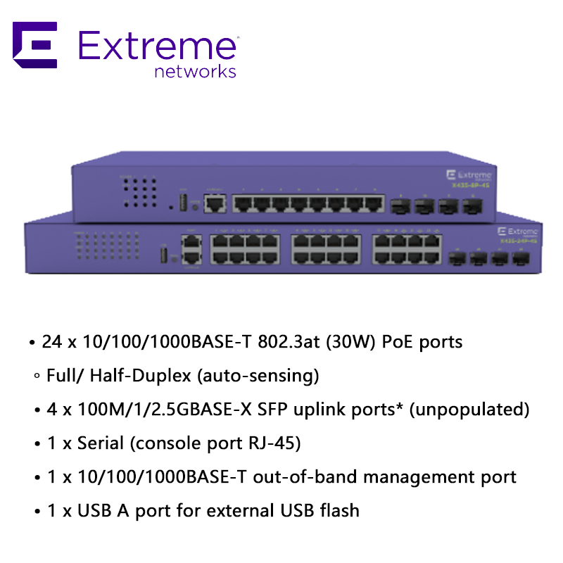Switch AVB X435 Extreme Networks X435 de 24P, 4S, 68 Gbps, 50.6 Mpps, nuevo y original